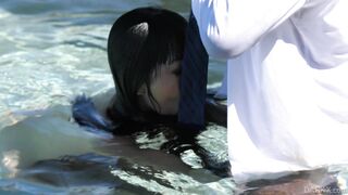 Marica Hase sucks black dick after pulling him into the pool