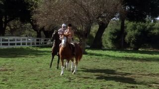 Betsy Russell bouncy topless horse riding in 'Private School'