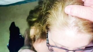 Milf in glasses takes cum on her tongue!