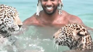 Guy swimming with leopards (SFW) | 69 between two blindfolded guys (NSFW)